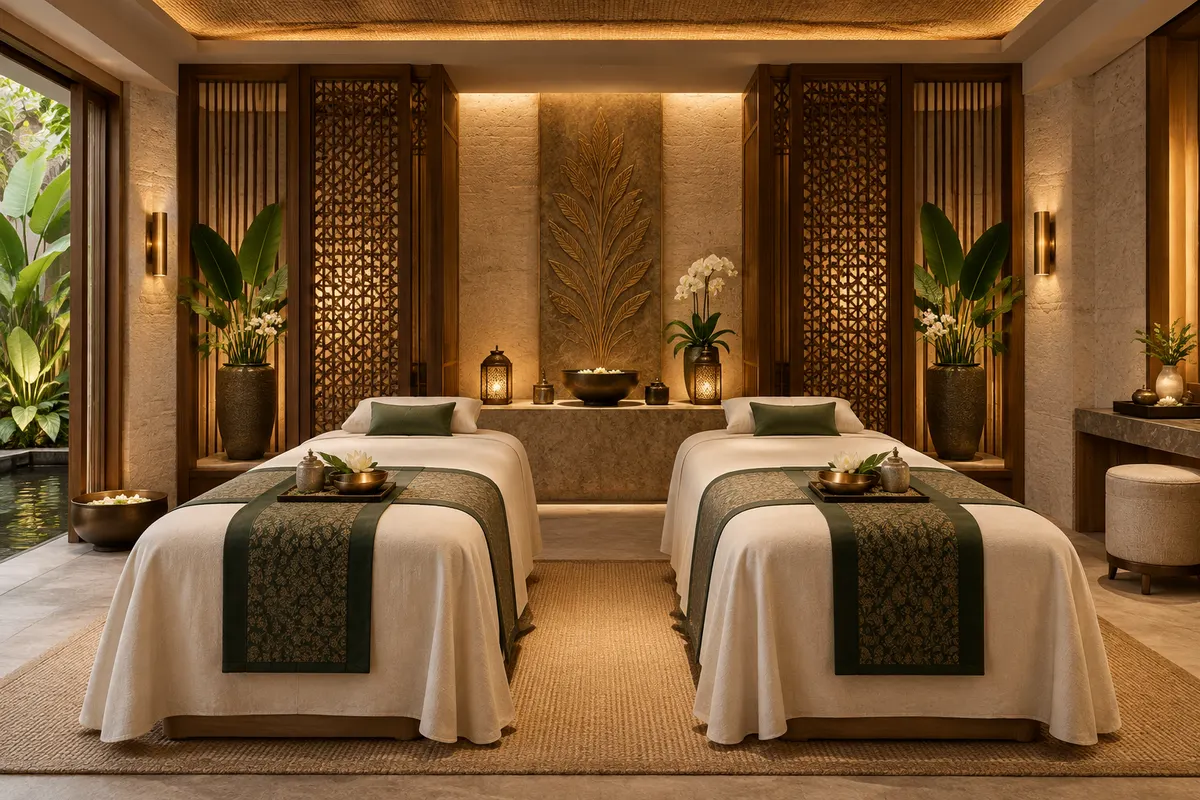 Illustrative spa room with two parallel ivory treatment beds and walnut screens