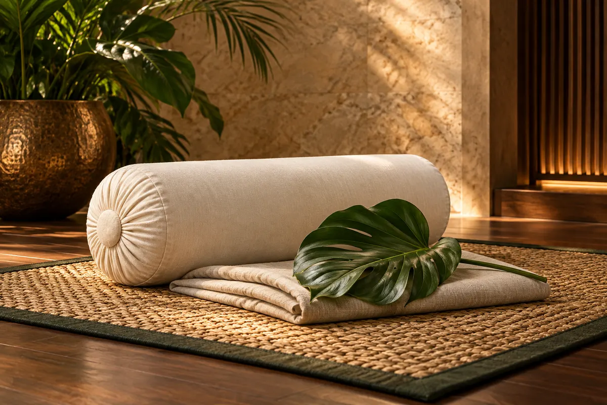 Illustrative rolled cotton bolster and folded linen on a woven floor mat
