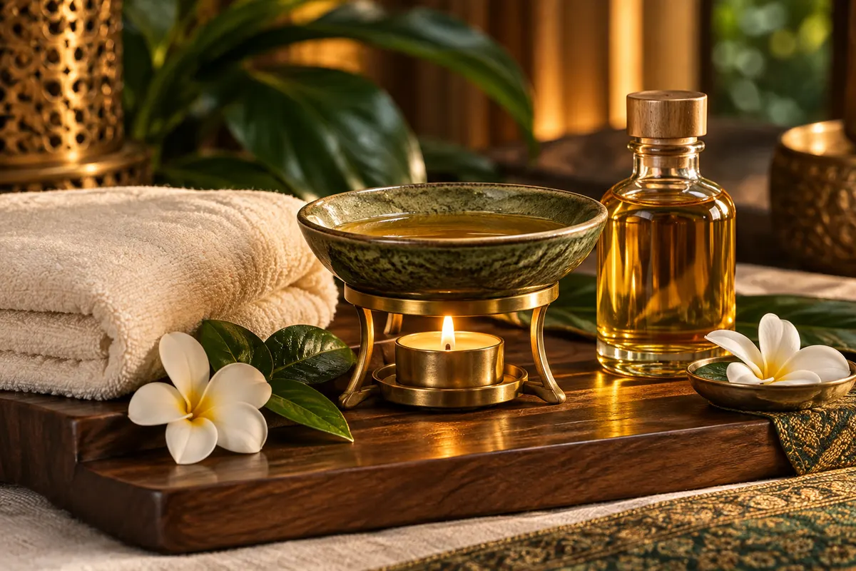 Illustrative ceramic oil-warming dish, amber bottle and folded towel on walnut