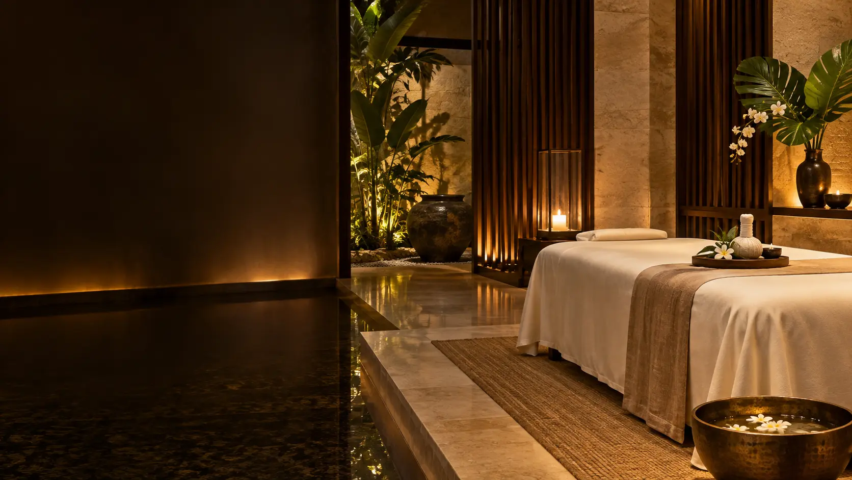 Illustrative Thai-inspired spa with warm limestone, walnut and ivory linen