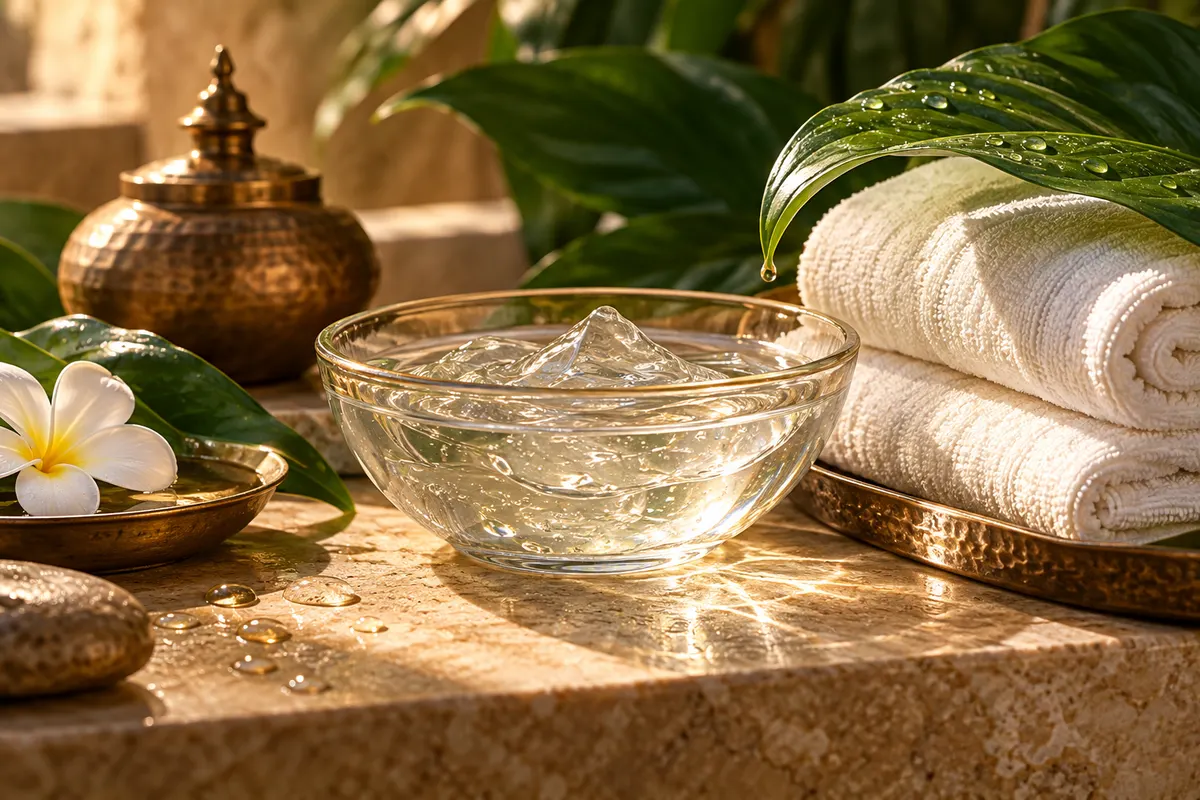 Illustrative clear gel in a glass bowl beside folded towels and a green leaf