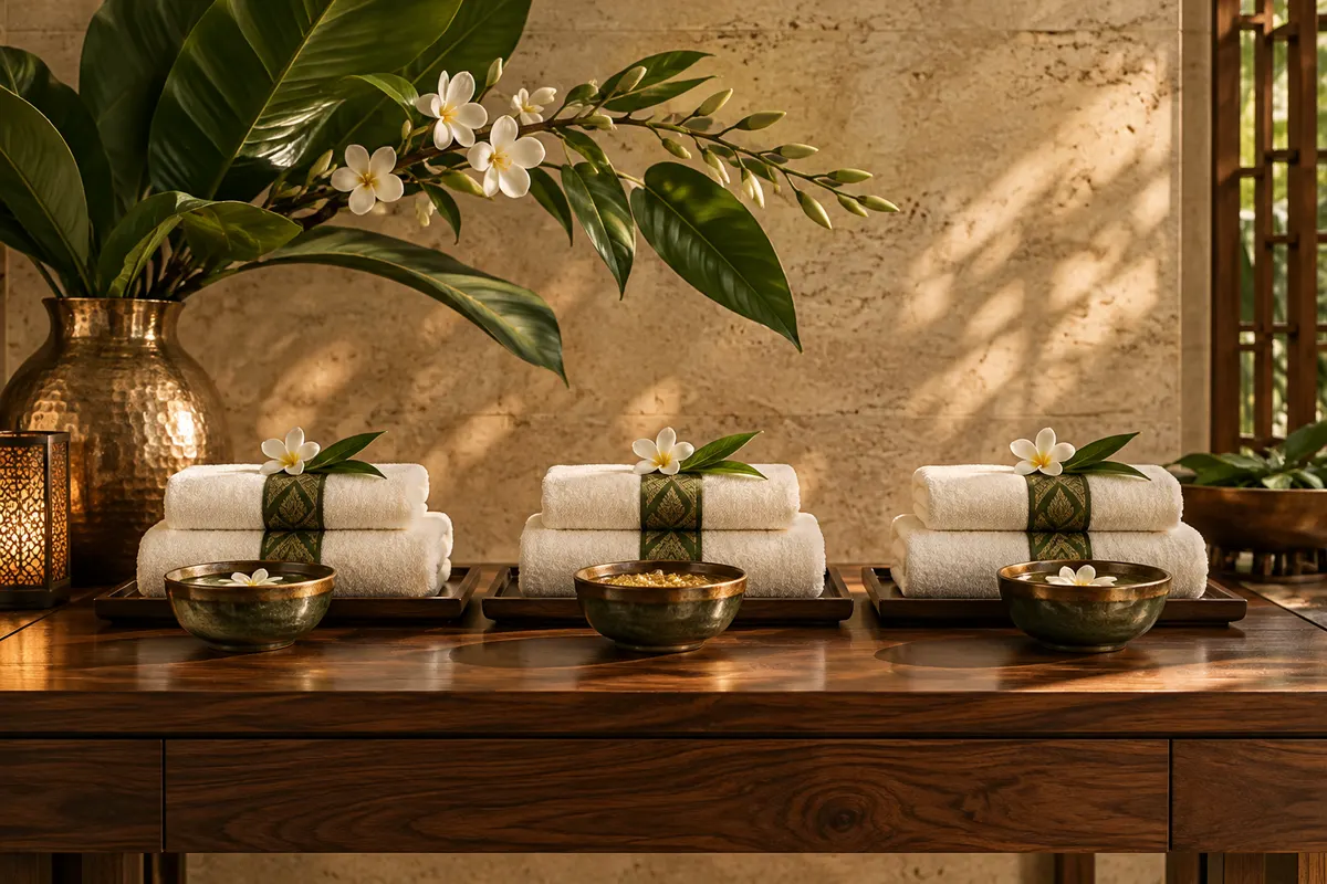 Illustrative three linen bundles and ceramic bowls arranged on walnut with greenery