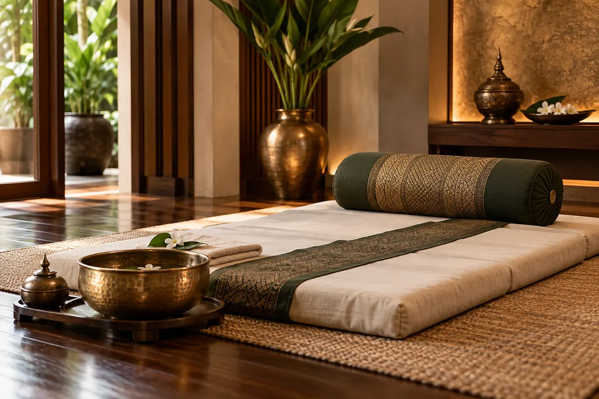 Illustrative linen floor mat and bolster beside a bronze bowl in a Thai-inspired interior