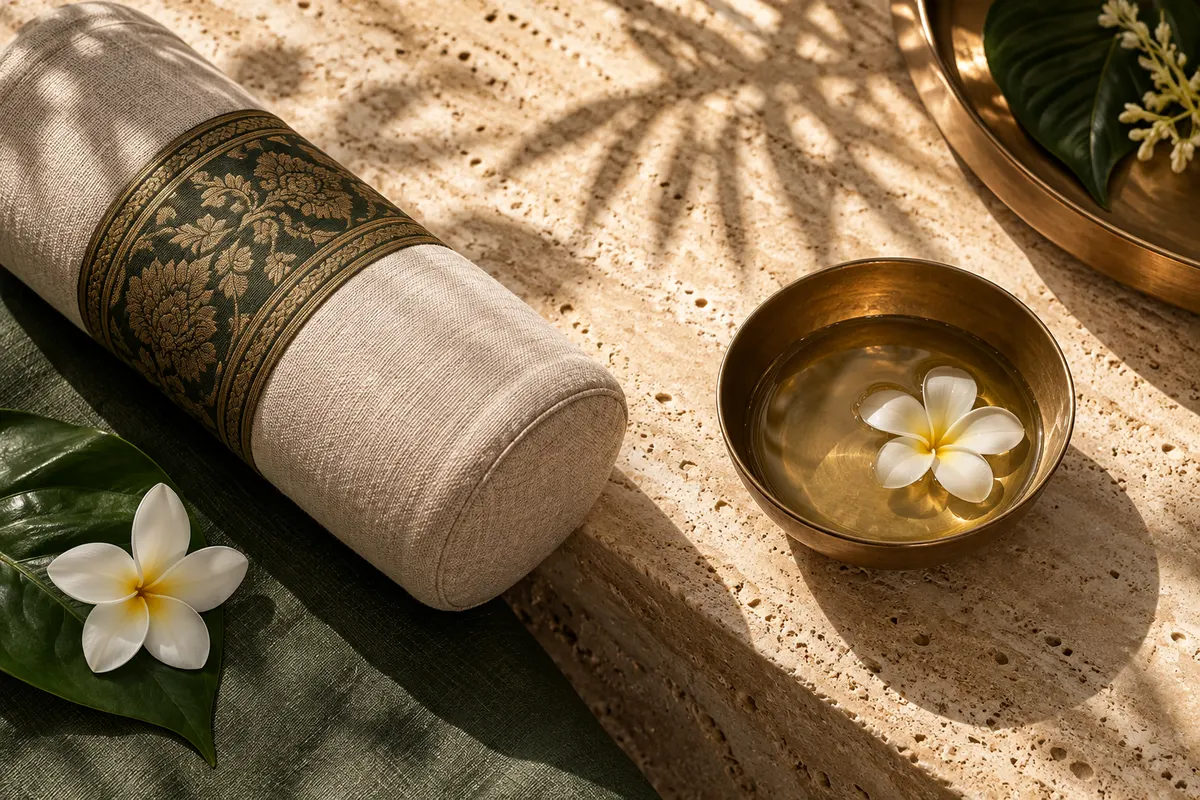 Illustrative rolled linen bolster and bronze bowl with a white flower on warm stone